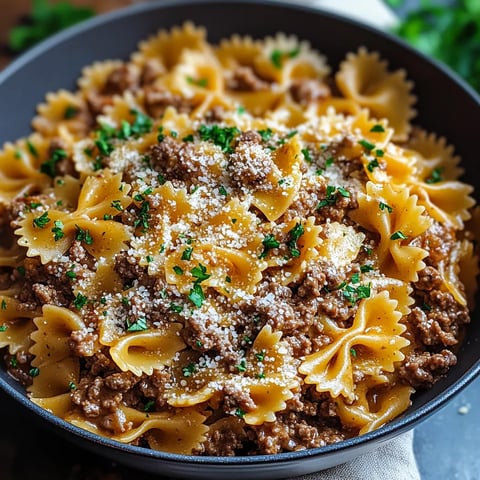 Bowtie Pasta with Ground Beef in Garlic Sauce