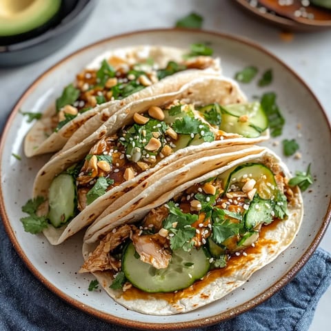 Tacos filled with teriyaki chicken and cucumber slaw