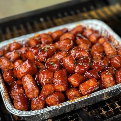 A metal platter loaded with juicy sausages and colorful peppers, ready for grilling.