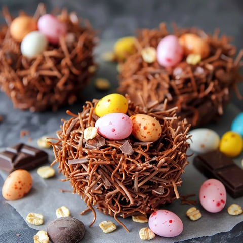 Colorful marshmallow and chocolate nests with candy eggs on top.