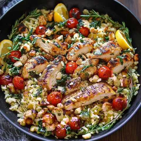 A bowl filled with rice, seasoned chicken, and vibrant veggies.