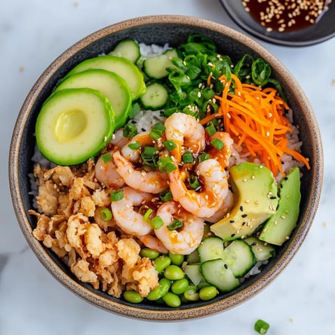 A loaded bowl of shrimp, veggies, and rice with a spoon tucked into it.