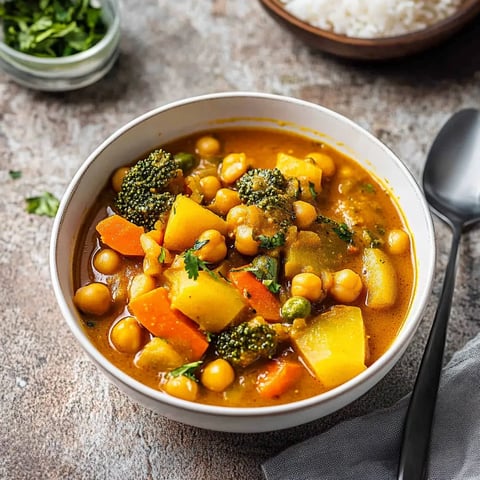 A colorful curry served with fresh vegetables and rice on the side.