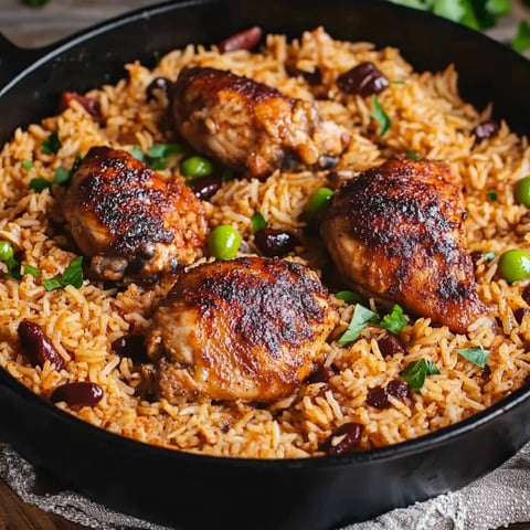 A tempting serving of rice mixed with beans and topped with golden-brown chicken.