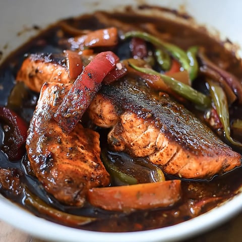 A delicious bowl filled with salmon in a vibrant stew of vegetables.