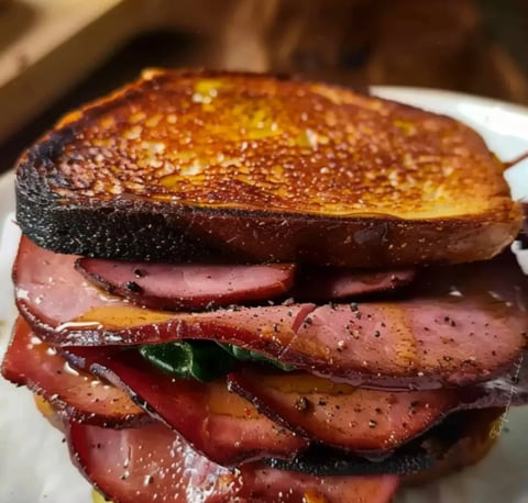 A plate holding a meat and cheese sandwich.