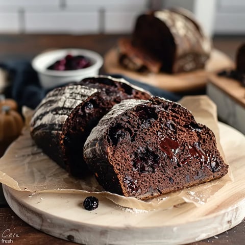 Freshly baked chocolate cherry loaf on a rustic table.