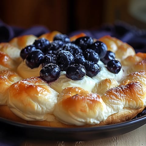 Fluffy bread topped with fresh blueberries and cream.