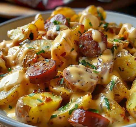 Dinner plate featuring cheesy potatoes and sausage.