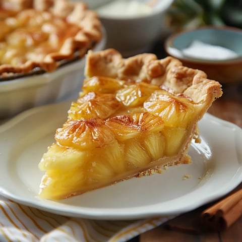 A slice of pineapple custard pie with a golden crust on a plate.