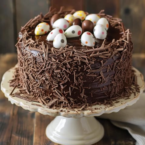 A layered chocolate dessert with shiny ganache and colorful candy eggs on top.
