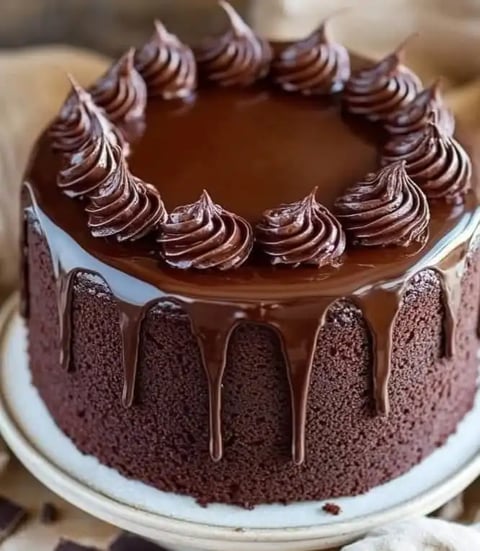 Chocolate cake topped with rich icing.