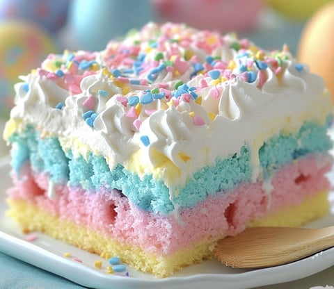 A colorful dessert slice with pastel layers.