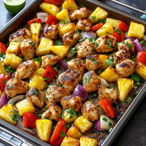 A delicious Hawaiian Chicken dish with pineapple, onions, peppers, and chicken.