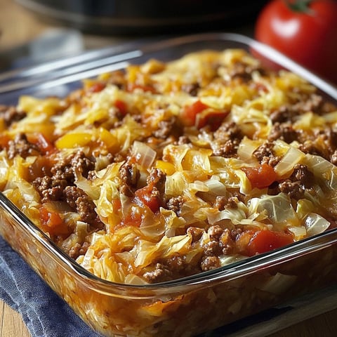 A delicious savory cabbage beef bake is ready to be served.