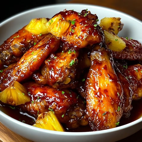 A bowl of chicken wings covered in a brown sugar pineapple sauce.