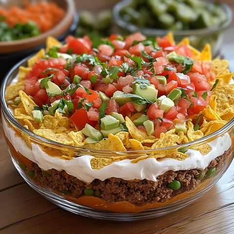 A delicious Seven-Layer Taco Dip is served in a glass bowl, topped with a variety of fresh ingredients.