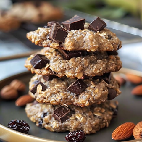 A stack of chocolate chip cookies made with oats, almonds, and chocolate chips.