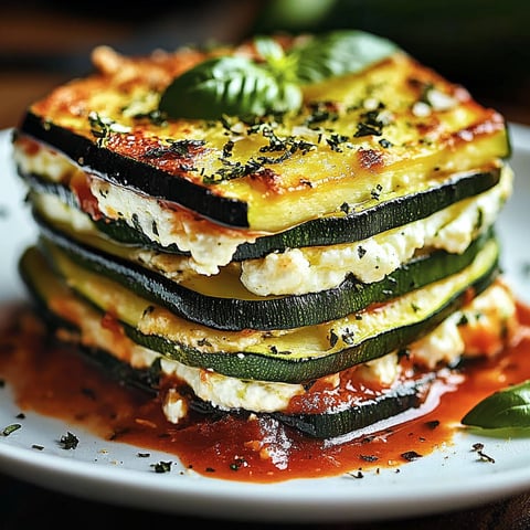 A stack of zucchini layered with cheese and herbs.