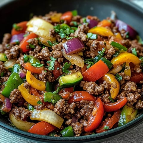 A bowl filled with a Mediterranean Ground Beef Stir-Fry, featuring a variety of vegetables and herbs.