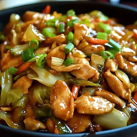 A delicious stir-fry dish made with chicken, cabbage, and peppers, served in a black bowl.