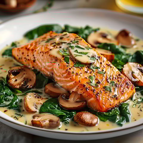 A plate of salmon with mushrooms and spinach, topped with garlic butter.