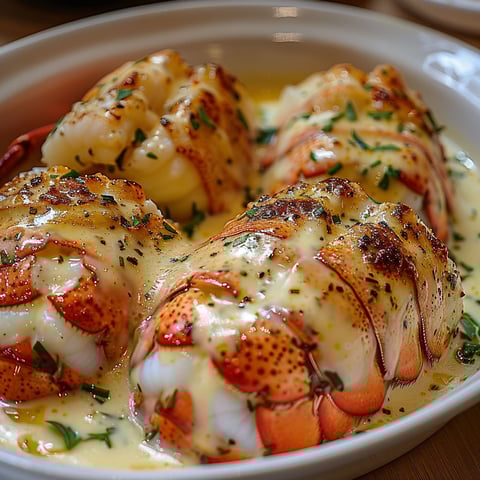 A dish of lobster with garlic butter and herbs, served in a white bowl.