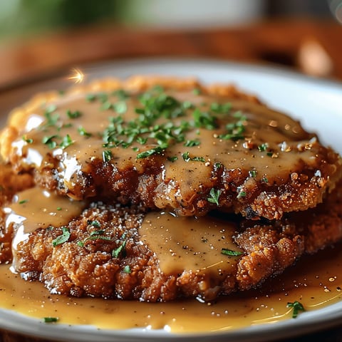A delicious Crispy Buttermilk Chicken Fried Steak is served on a plate with a generous amount of gravy.
