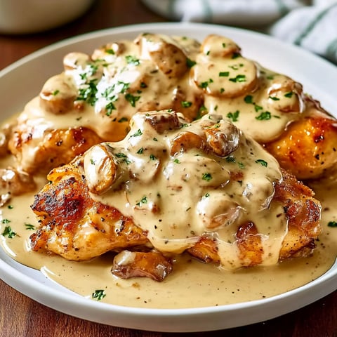 A plate of smothered chicken with a creamy sauce.