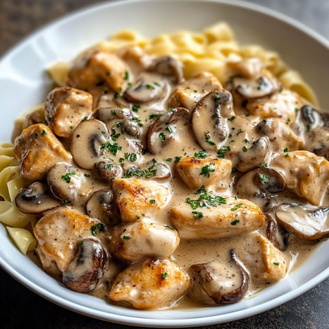 A plate of Chicken Mushroom Stroganoff with noodles and mushrooms.