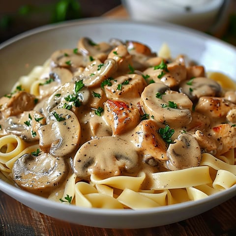 A delicious Chicken Mushroom Stroganoff dish served on a plate.