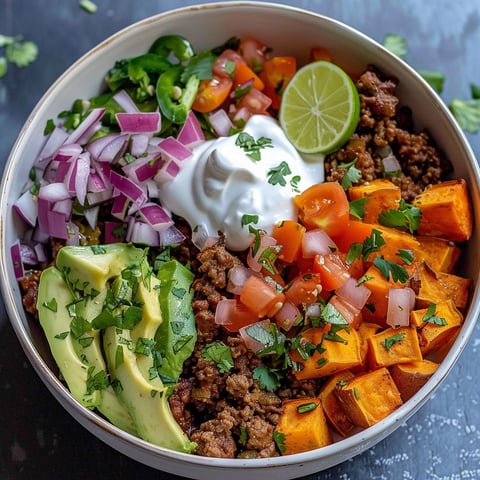A bowl filled with a delicious Sweet Potato Taco Bowl, containing ingredients such as meat, avocado, tomatoes, and lime.