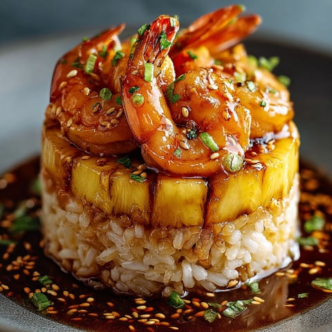 A delicious Teriyaki Shrimp Pineapple Rice Stack is served on a plate.