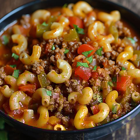 A bowl of Old-Fashioned Goulash Classic, featuring macaroni and beef, is served in a wooden bowl.
