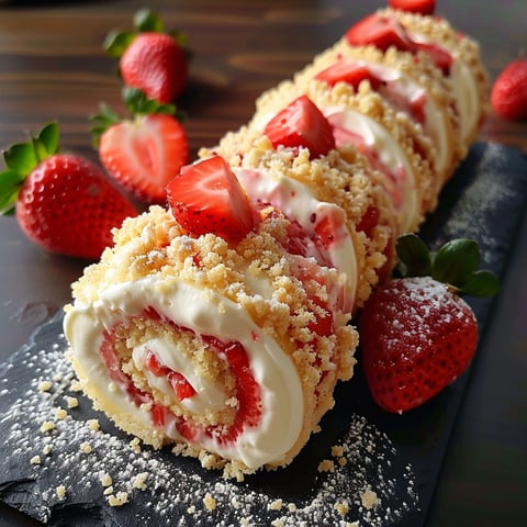 A delicious dessert made with strawberries and cream, rolled up and covered in powdered sugar.