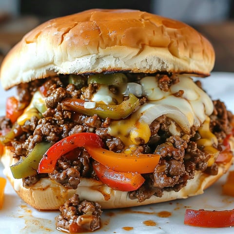 A delicious Philly Cheesesteak Sloppy Joes sandwich is served on a bun with various toppings.