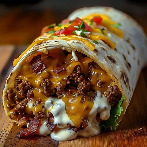 A loaded bacon cheeseburger burrito is served on a wooden table.