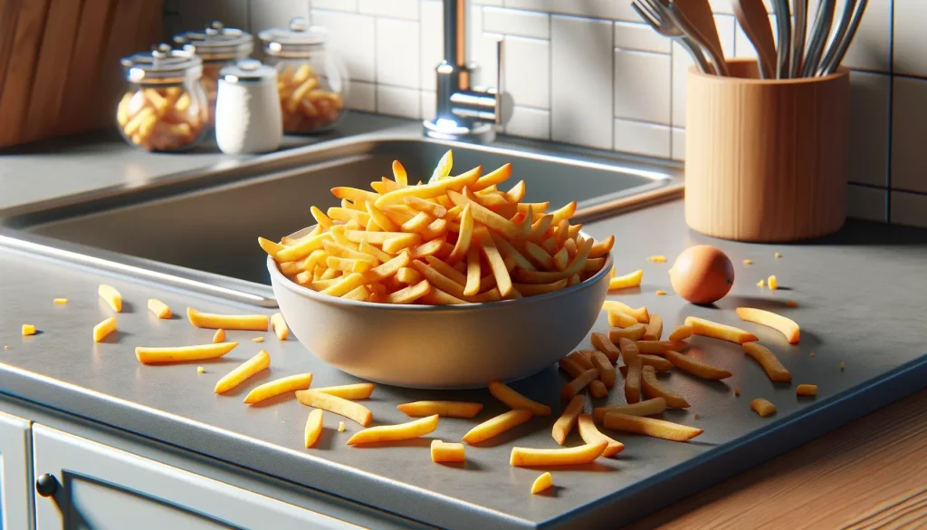 leftover French fries scattered outside a dish on a kitchen countertop, capturing the typical appearance of uneaten, slightly cooled leftovers in a casual, homely kitchen setting.