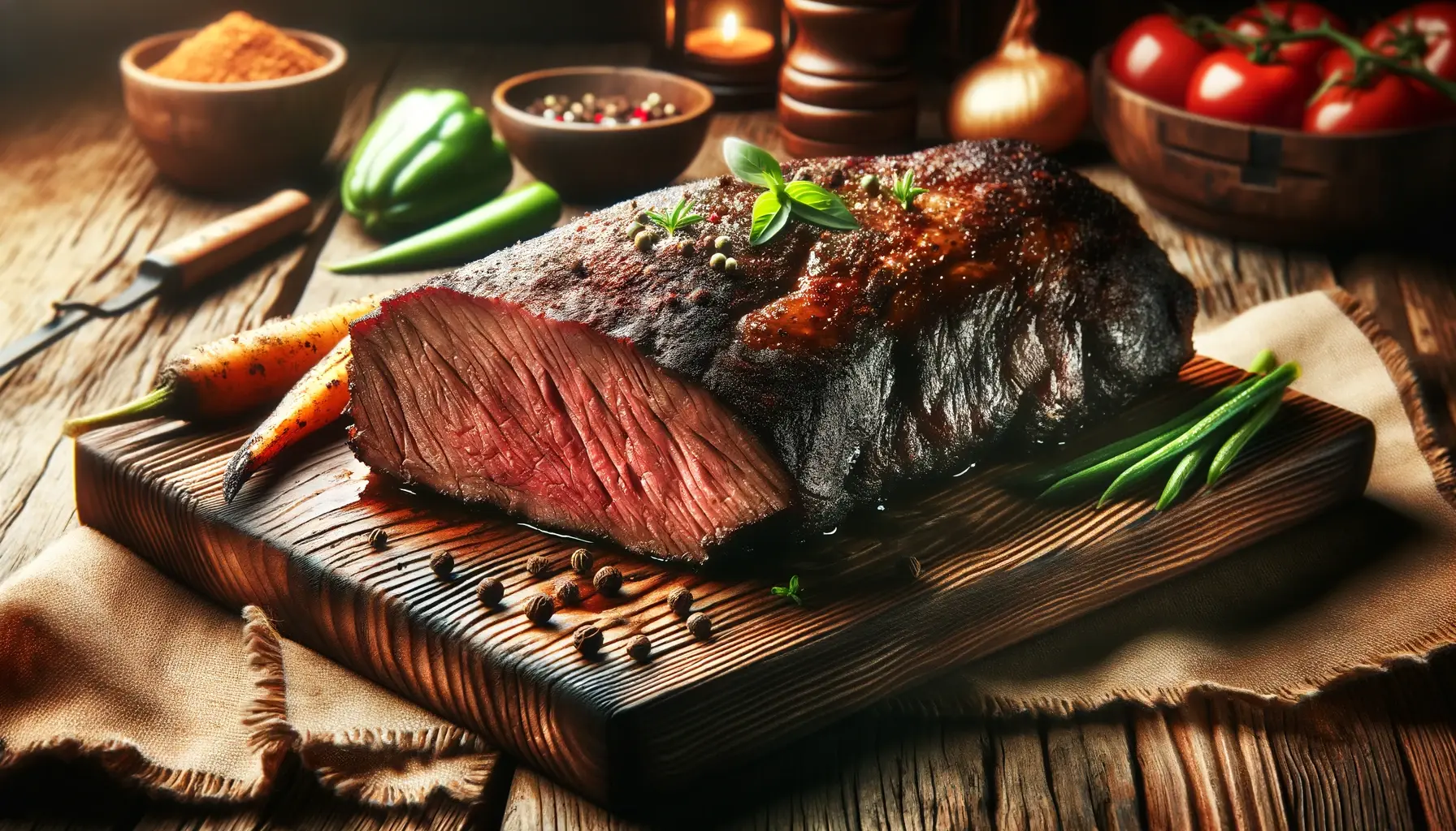 Tri Tip cooked to perfection with a rich, smoky crust, presented on a rustic wooden cutting board, complete with smoked vegetables and set in a cozy, outdoor barbecue atmosphere